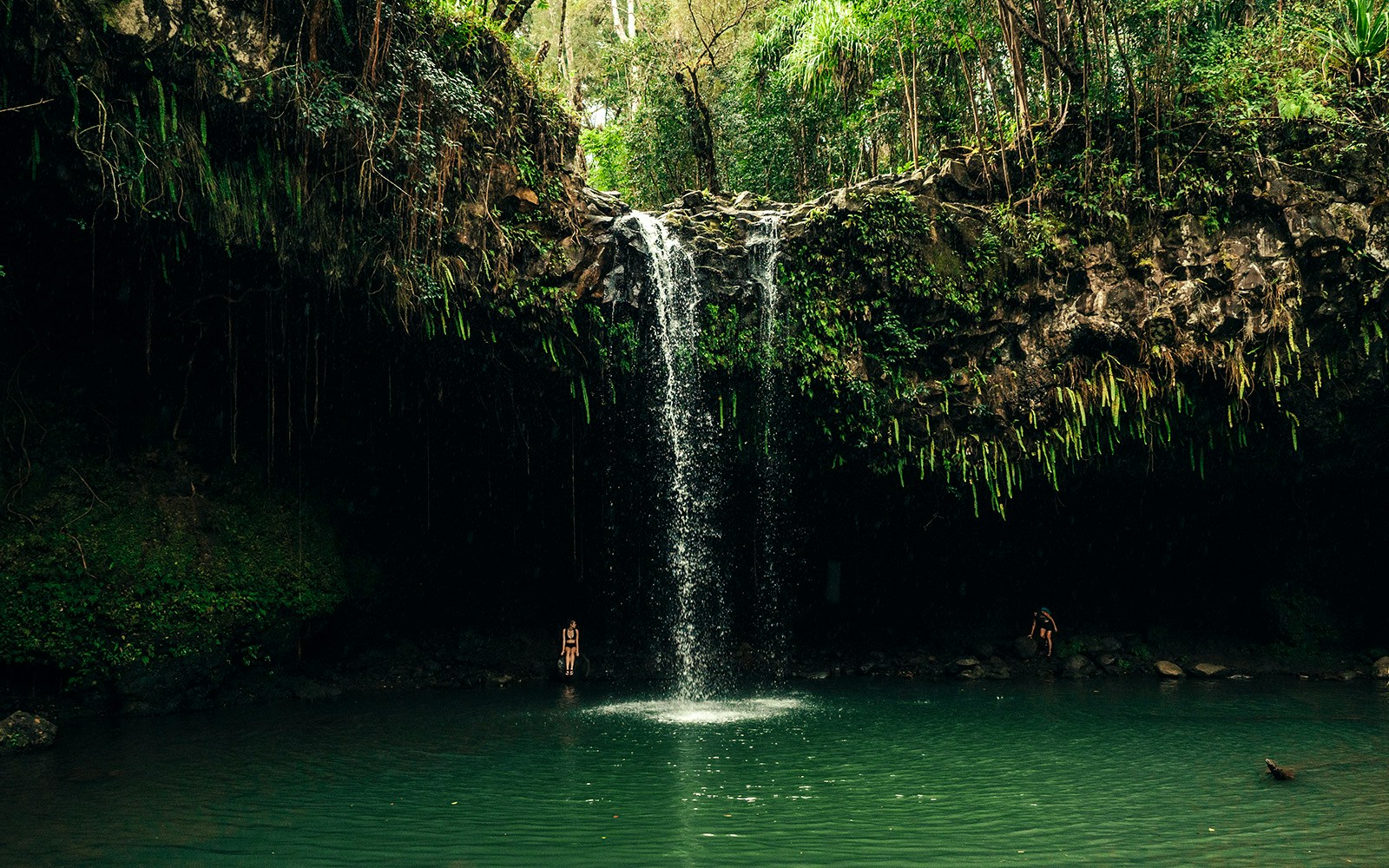 Waterfall cascading into a pool surrounded by lush greenery on Hana Highway, Maui, Hawaii.