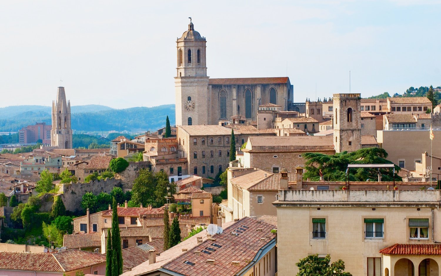 Historic skyline of Girona with Cathedral and Sant Feliu Church, Catalonia, Spain.