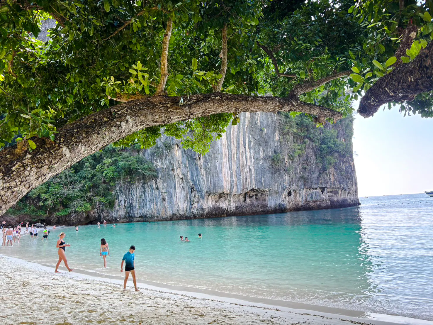 Tourists enjoy the beach and turquoise waters at Hong Islands, Krabi, with limestone cliffs in the background.