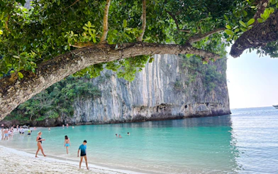 Tourists enjoy the beach and turquoise waters at Hong Islands, Krabi, with limestone cliffs in the background.