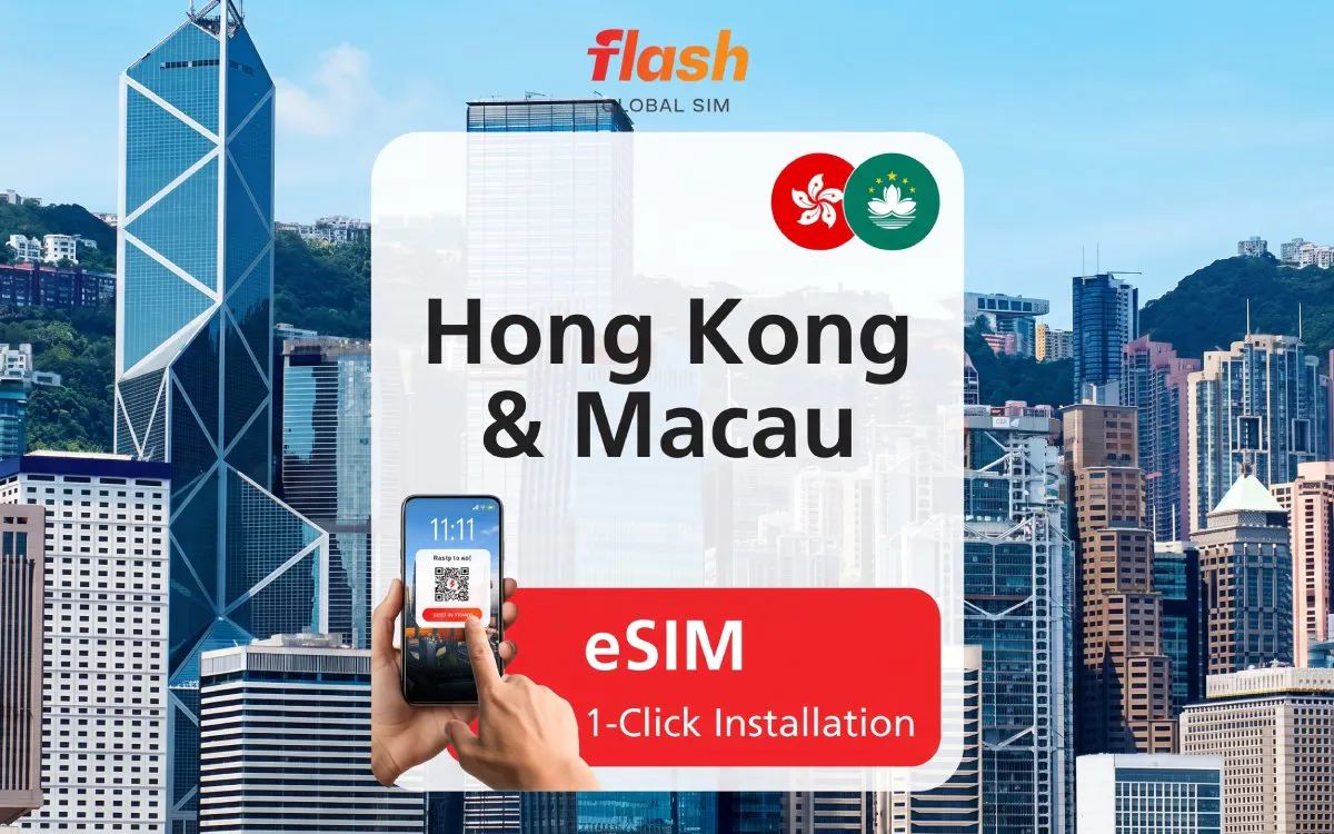 Hong Kong skyline with eSIM installation on phone, Flash Global SIM.
