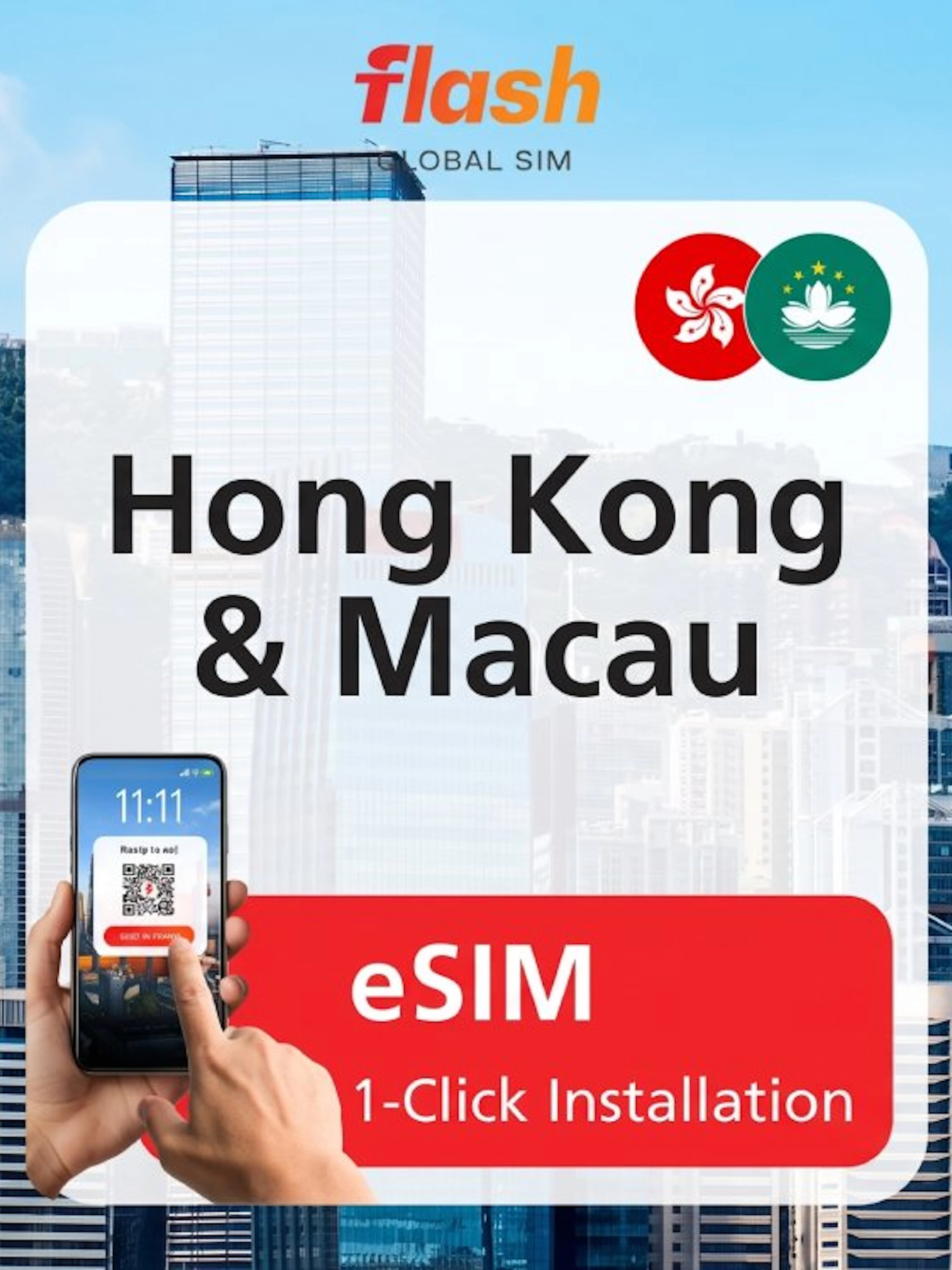 Hong Kong skyline with eSIM installation on phone, Flash Global SIM.