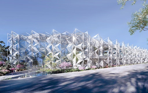Women's Pavilion with geometric facade at Osaka, Kansai Expo 2025.