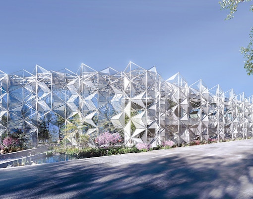 Women's Pavilion with geometric facade at Osaka, Kansai Expo 2025.