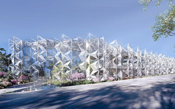 Women's Pavilion with geometric facade at Osaka, Kansai Expo 2025.