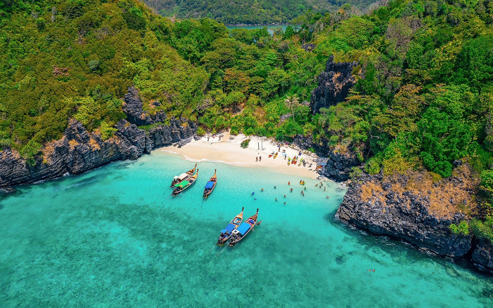 Aerial view of Nui beach and long tail boat in Phi Phi Don island, Krabi