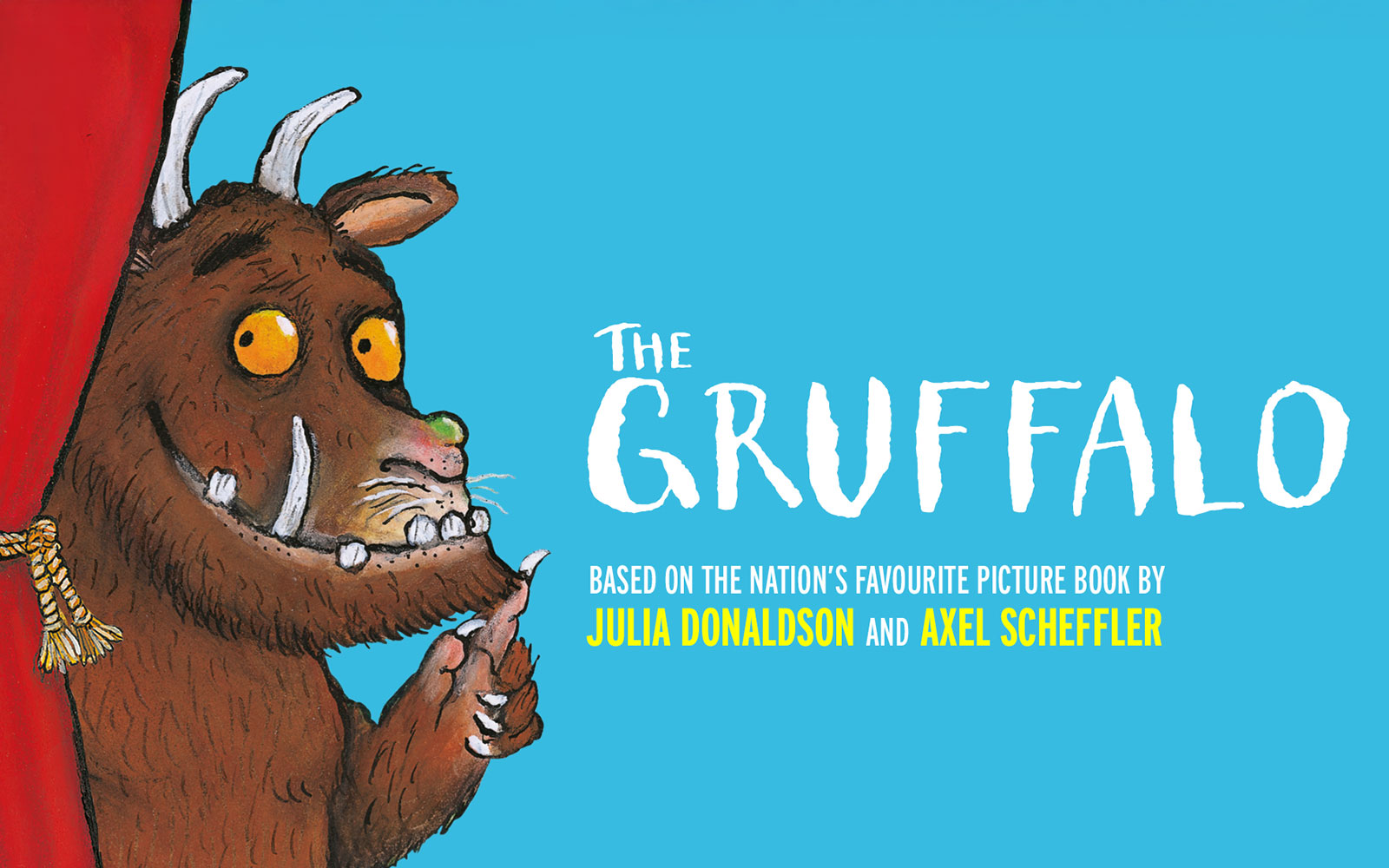Gruffalo character peeking from red curtain, promoting West End show.