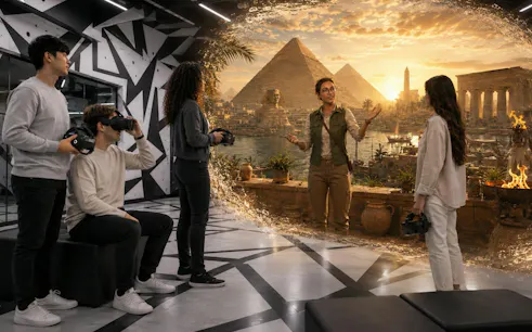 Visitors using VR headsets explore ancient Egypt at Müzeverse in Istanbul.