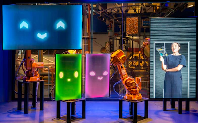 Interactive robot exhibit at Science Centre Singapore with digital screens and robotic arms.