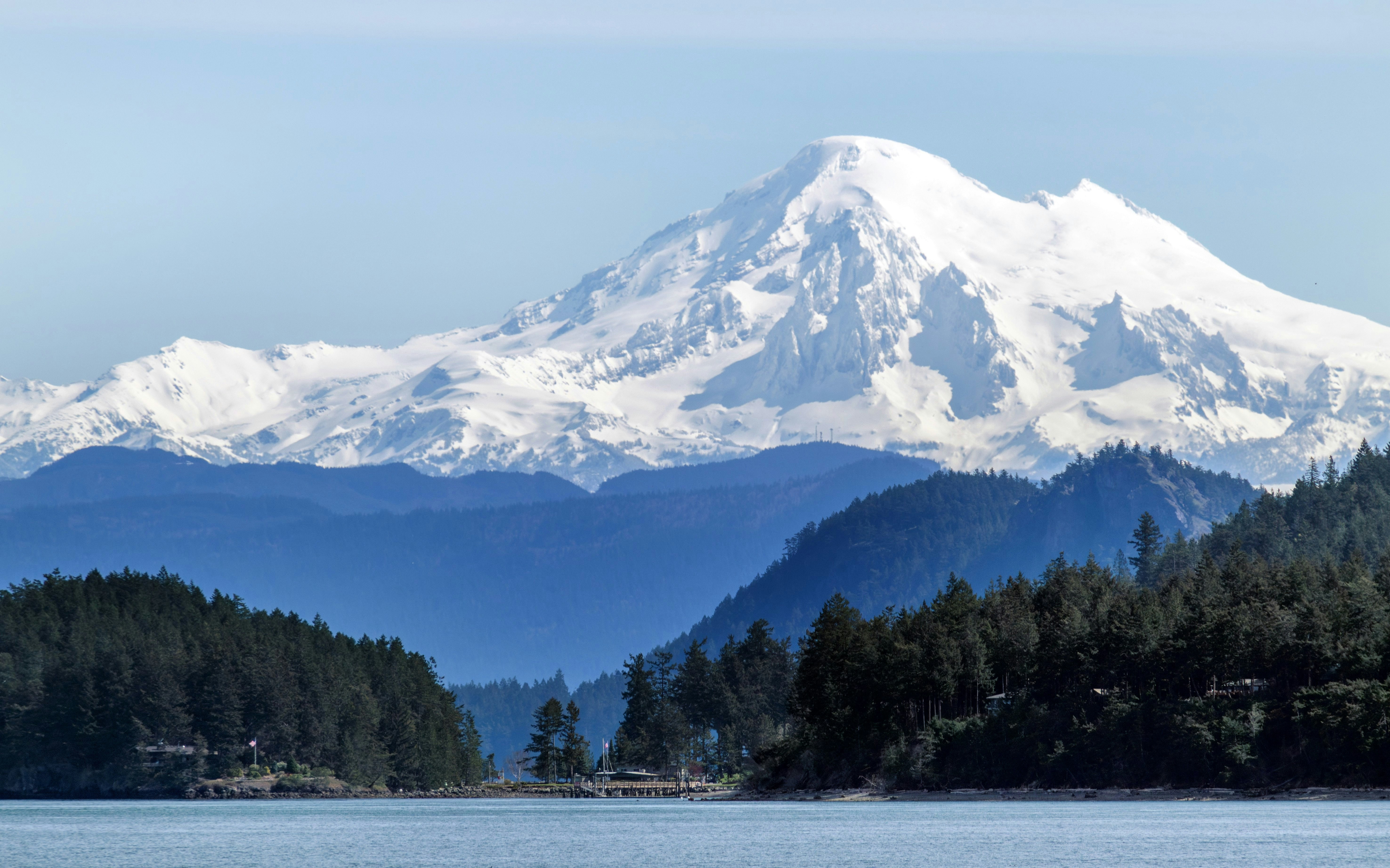 Mount Baker viewed from Puget Sound with forested islands, Seattle.