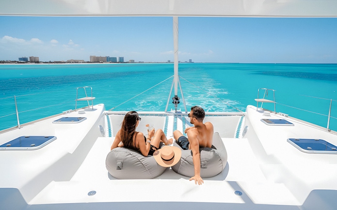 Tourists relaxing with drinks on a catamaran in Isla Mujeres, turquoise sea in background.