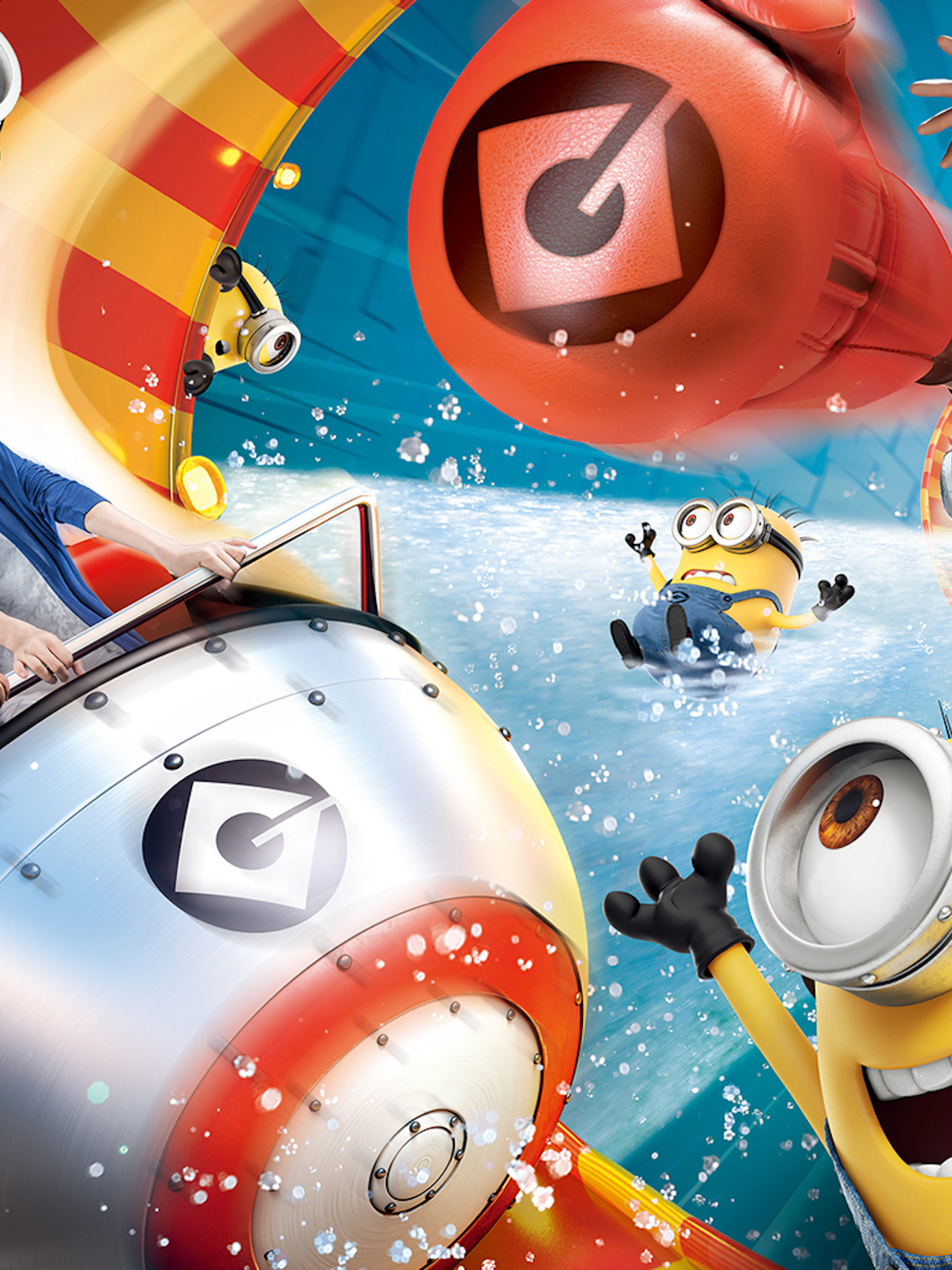 Minions and guests on a thrilling ride at Despicable Me attraction, Universal Studios Japan.