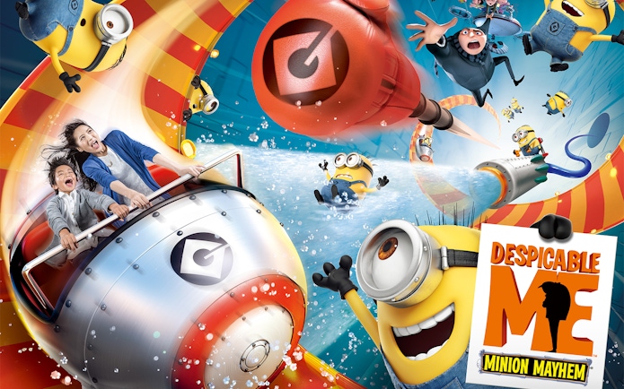 Minions and guests on a thrilling ride at Despicable Me attraction, Universal Studios Japan.