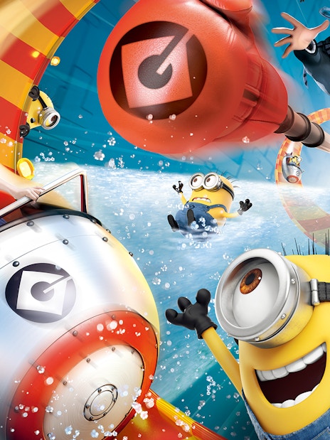 Minions and guests on a thrilling ride at Despicable Me attraction, Universal Studios Japan.