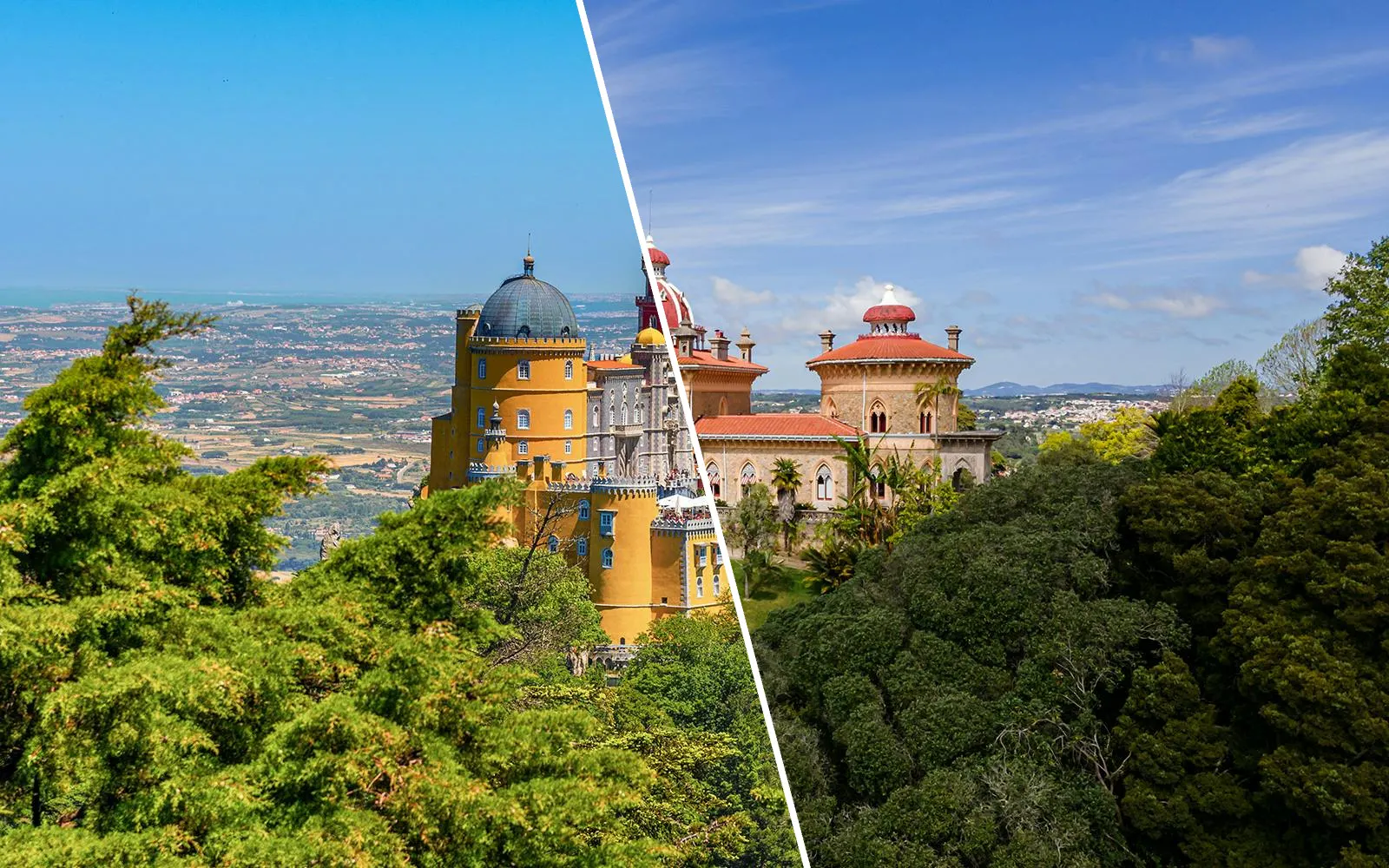 Pena Palace and Monserrate Palace in Lisbon surrounded by lush greenery.