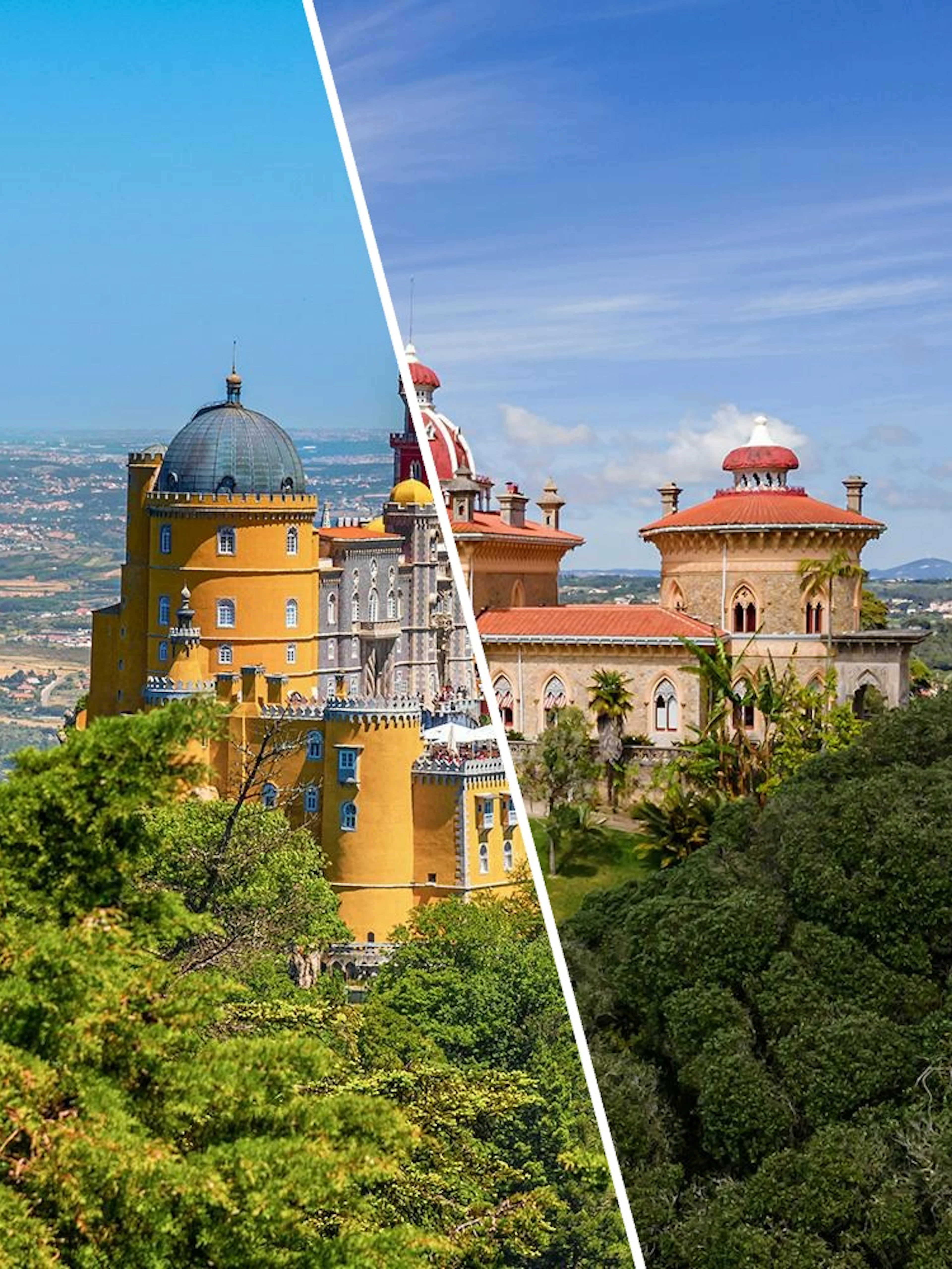 Pena Palace and Monserrate Palace in Lisbon surrounded by lush greenery.