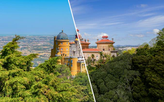 Pena Palace and Monserrate Palace in Lisbon surrounded by lush greenery.