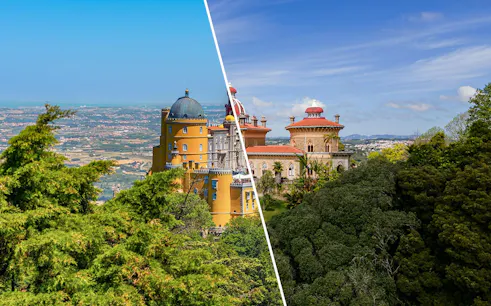 Pena Palace and Monserrate Palace in Lisbon surrounded by lush greenery.