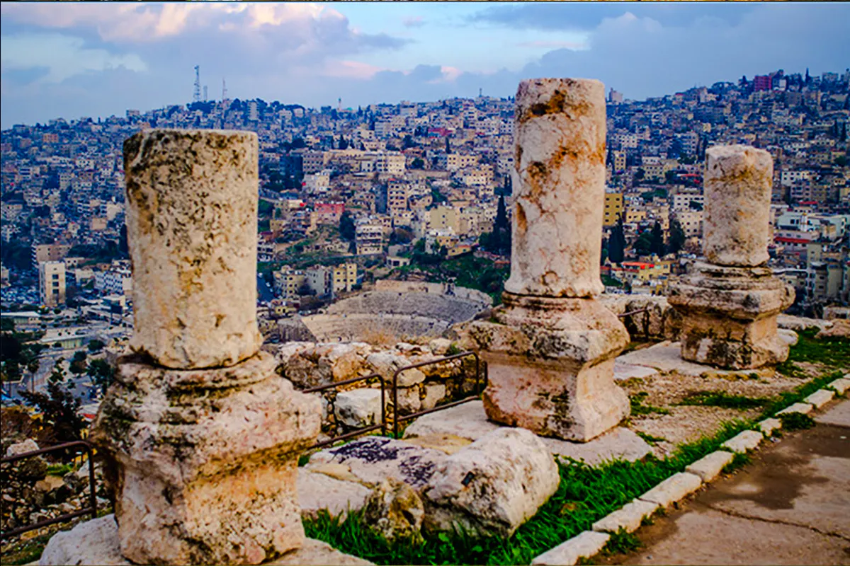 Roman columns at Amman Citadel overlooking the city and Roman Amphitheater.