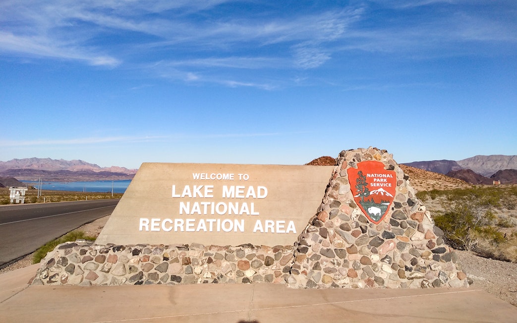 Lake Mead National Recreation Area entrance sign near Hoover Dam.