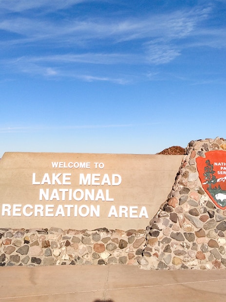 Lake Mead National Recreation Area entrance sign near Hoover Dam.