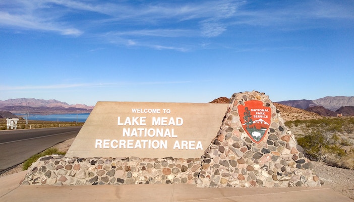 Lake Mead National Recreation Area entrance sign near Hoover Dam.