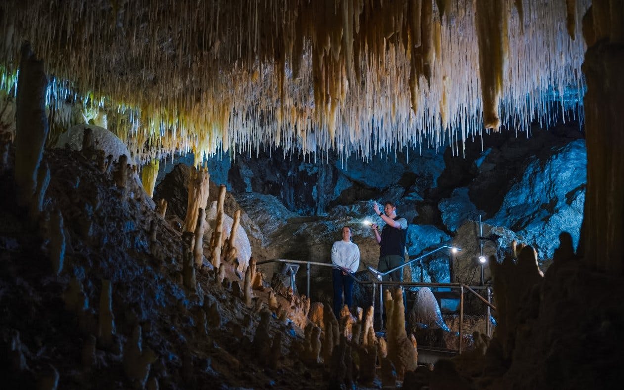 Visitors exploring stalactites in Margaret River Caves, Australia.