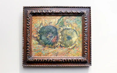 Two Cut Sunflowers painting by Vincent van Gogh, 1887, at Hamburger Kunsthalle Museum.