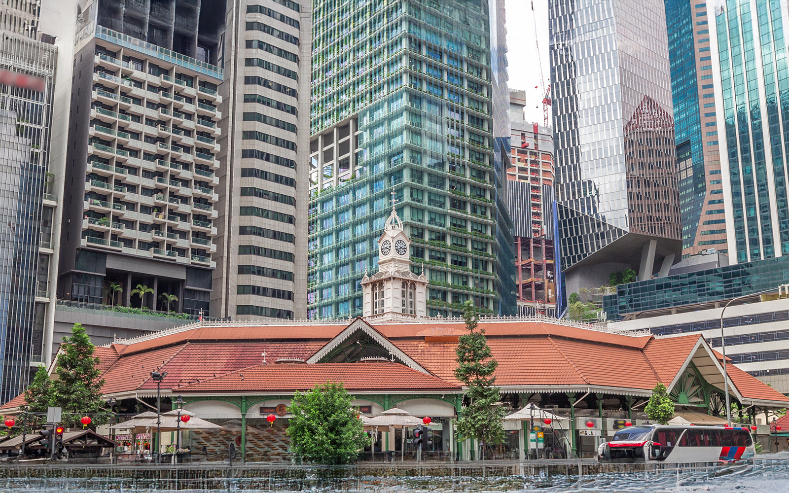 Telok ayer market with tall skyscrapers