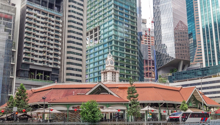 Telok ayer market with tall skyscrapers