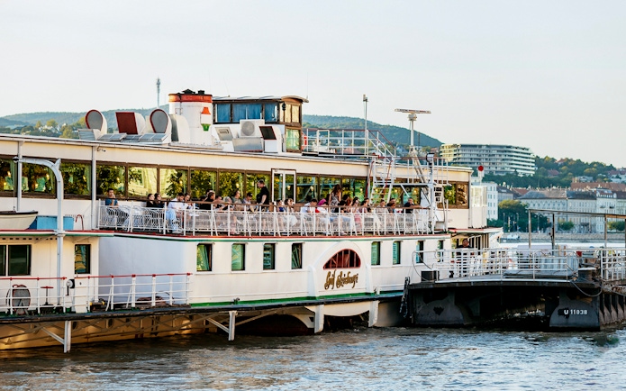 Boarding for New Year’s Eve cruise on the Danube River in Budapest.