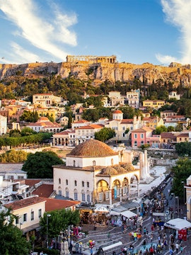 Aerial view of Monastiraki Square and the Acropolis at sunset, Athens, Greece.