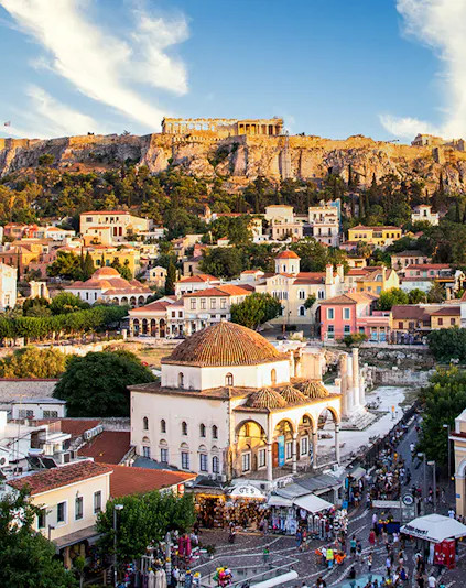 Aerial view of Monastiraki Square and the Acropolis at sunset, Athens, Greece.