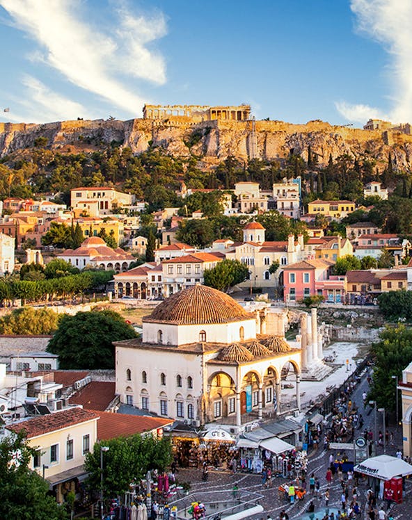 Aerial view of Monastiraki Square and the Acropolis at sunset, Athens, Greece.