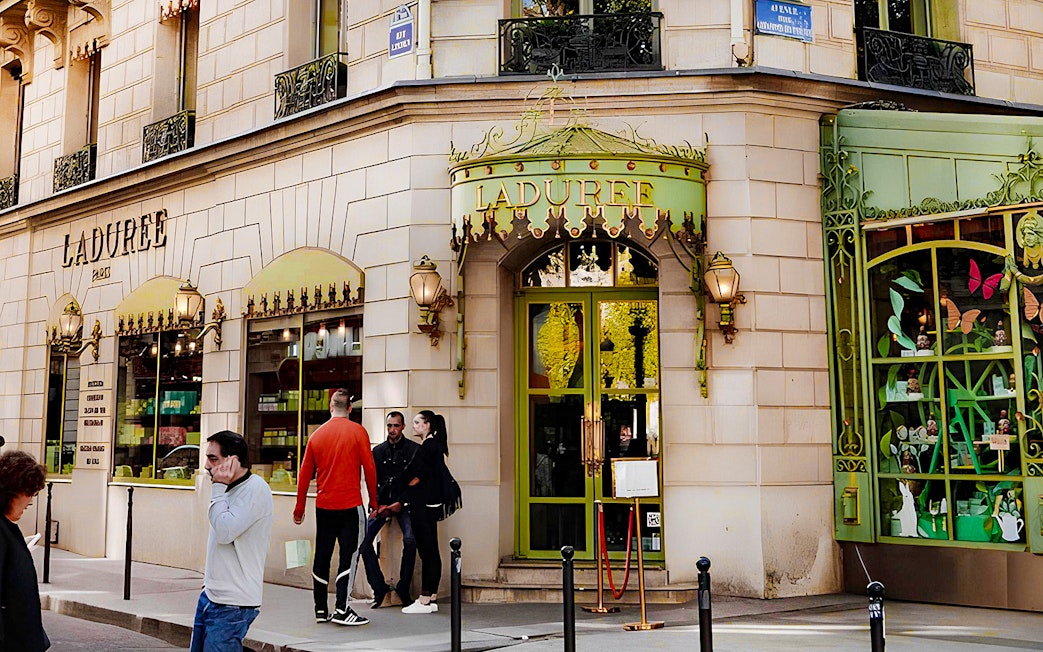 Ladurée storefront in Paris, part of the Arc de Triomphe walking tour with macaron tasting.