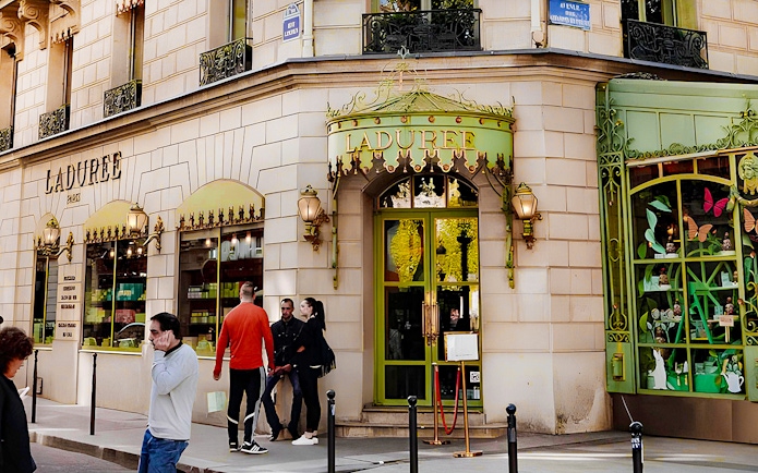 Ladurée storefront in Paris, part of the Arc de Triomphe walking tour with macaron tasting.