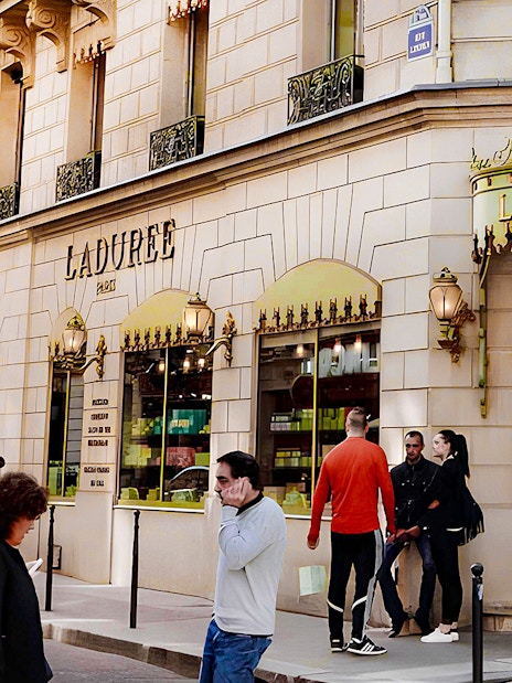 Ladurée storefront in Paris, part of the Arc de Triomphe walking tour with macaron tasting.
