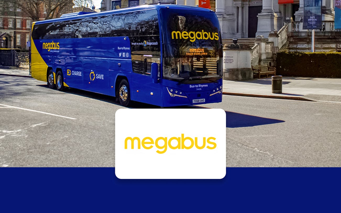 Megabus in London near Tate Britain, offering one-way tickets to/from Heathrow Airport.