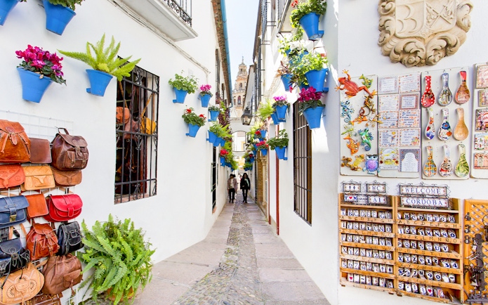 Narrow street in Cordoba's Jewish Quarter with colorful flower pots and local crafts.