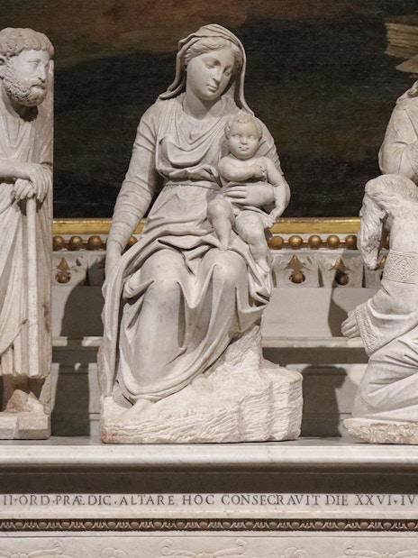 Sculpted Nativity Scene at Basilica Santa Maria Maggiore, Rome, featuring Mary and baby Jesus.