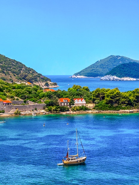 Elaphiti Islands view with boats on a tour from Dubrovnik.