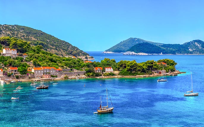 Elaphiti Islands view with boats on a tour from Dubrovnik.