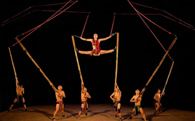 Performers using bamboo poles at Teh Dar Vietnamese Bamboo Circus under a dome.