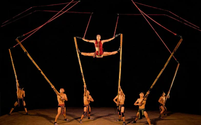 Performers using bamboo poles at Teh Dar Vietnamese Bamboo Circus under a dome.