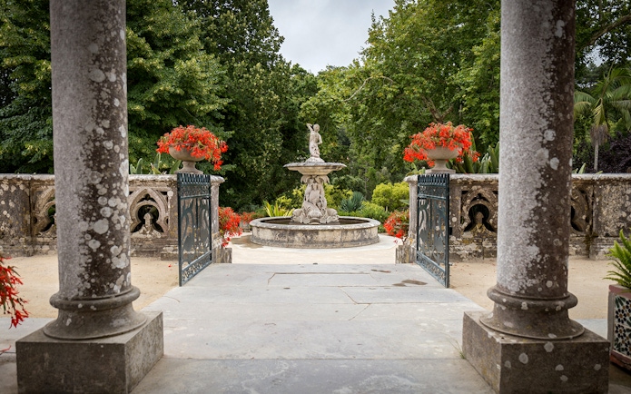 Monserrate Palace garden with stone fountain and vibrant red flowers.