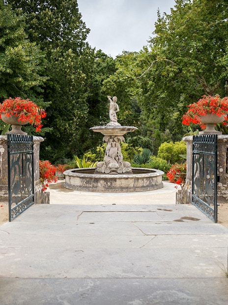 Monserrate Palace garden with stone fountain and vibrant red flowers.