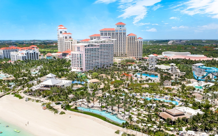 Baha Mar Waterpark aerial view with pools and slides, Nassau, Bahamas.