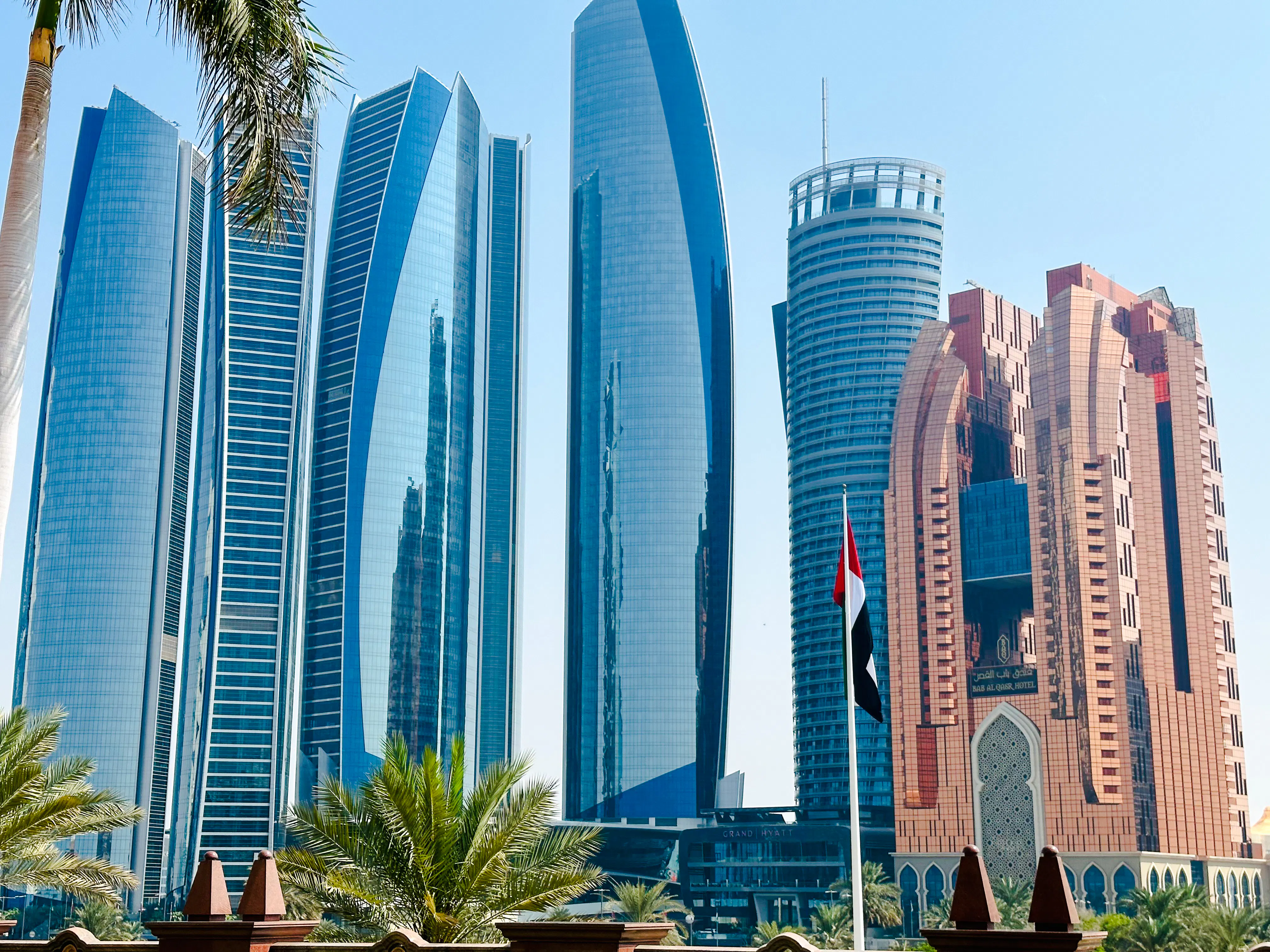 Etihad Towers and nearby skyscrapers in Abu Dhabi, viewed during a private layover tour.