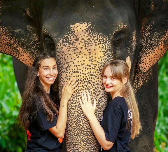Women interacting with an elephant at Elephant Jungle Sanctuary, Phuket, Thailand.