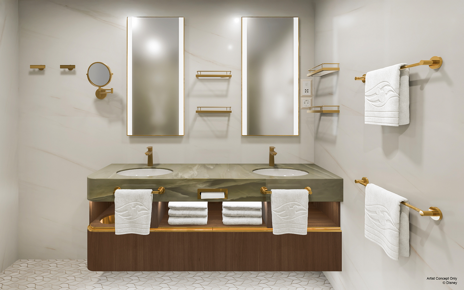 Luxurious bathroom in Concierge Suite, Disney Adventure Cruise, featuring double sinks and elegant decor.